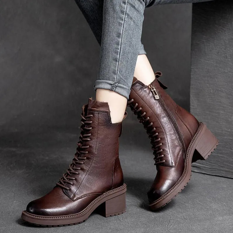 Elegance in Leather: Winter Square-Heeled Ankle Boots for Women