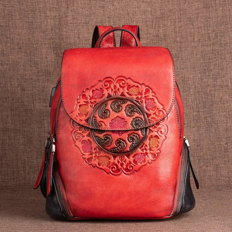 Floral Elegance: Handmade Genuine Leather Backpack