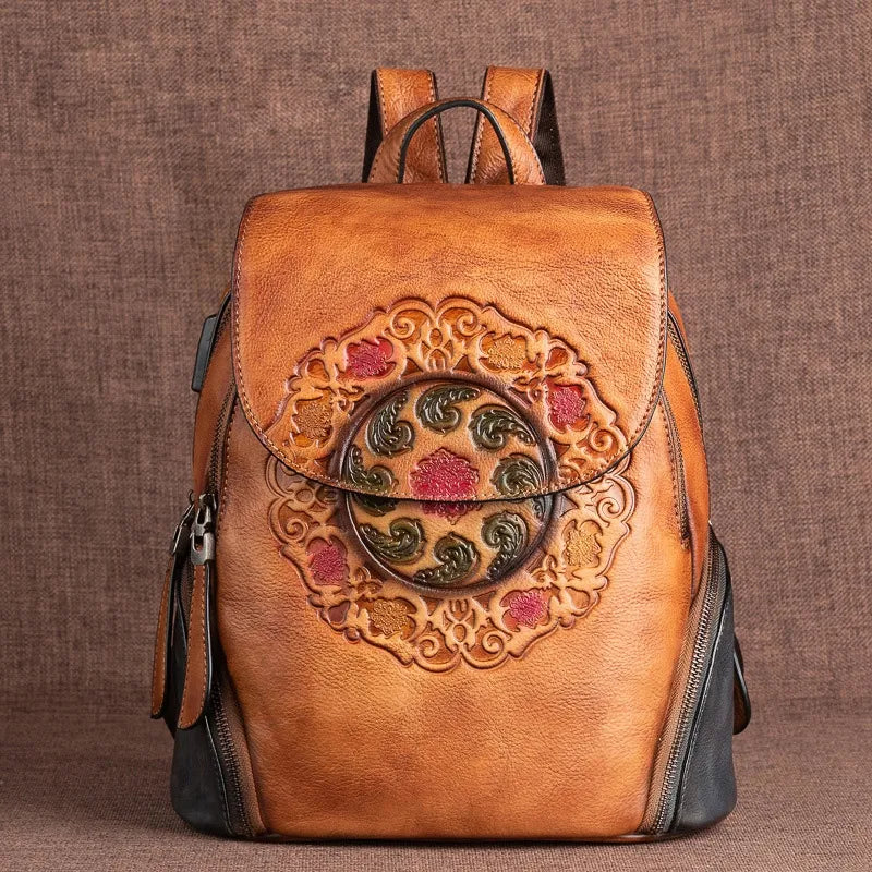 Floral Elegance: Handmade Genuine Leather Backpack