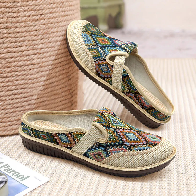 Ethnic Elegance: Summer Hemp Embroidered Flat Slippers for Women