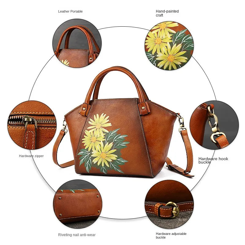 Floral Elegance: Genuine Leather Tote Bag for Women