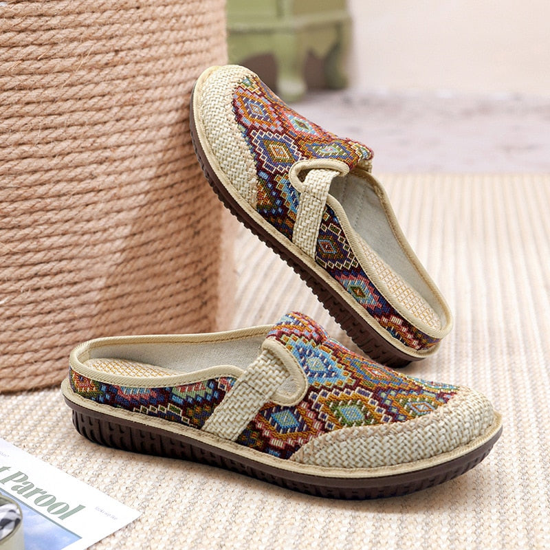 Ethnic Elegance: Summer Hemp Embroidered Flat Slippers for Women