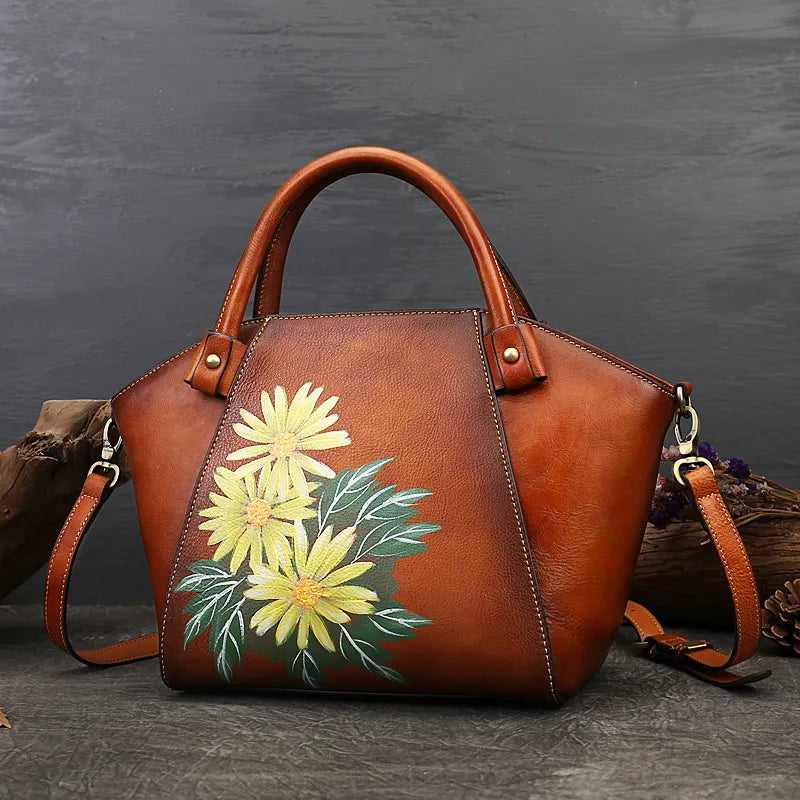 Floral Elegance: Genuine Leather Tote Bag for Women