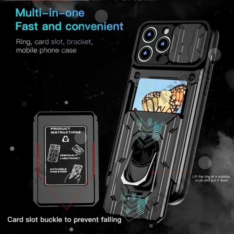 VisionGuard Pro360: iPhone 15 Military Slide Case with Smart Ring and Card Slot
