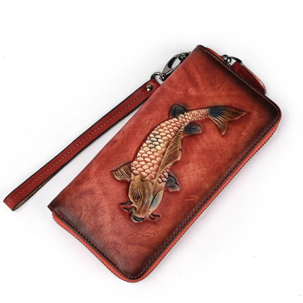 Golden Fish Leather Wrist Wallet with Wrist Strap