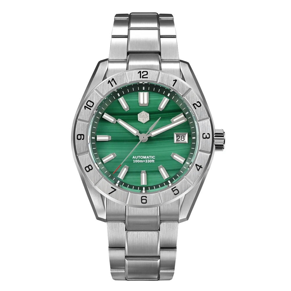 San Martin Luxury 42mm Automatic Watch with Malachite Gemstone Dial