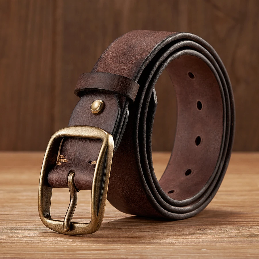 Veridexmarket Genuine Cowhide Leather Belt for Men with Copper Pin Buckle 3.8cm | Retro Jeans Belt 1