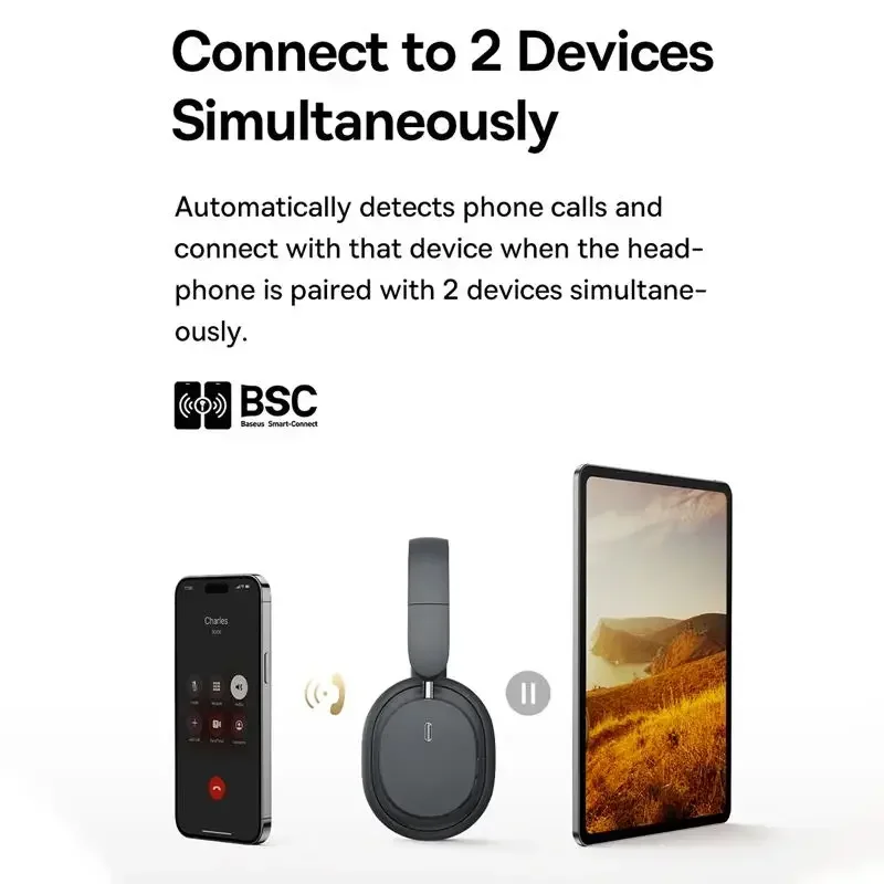 Baseus Wireless Bluetooth 5.3 Headphones – 40mm HiFi Drivers, Spatial Audio, 70H Playtime, Low-Latency Over-Ear Headset 5