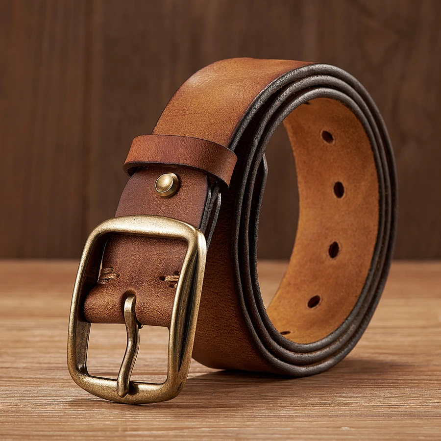 Veridexmarket Genuine Cowhide Leather Belt for Men with Copper Pin Buckle 3.8cm | Retro Jeans Belt 2