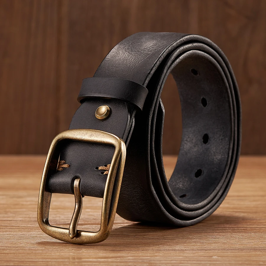 Veridexmarket Genuine Cowhide Leather Belt for Men with Copper Pin Buckle 3.8cm | Retro Jeans Belt 3