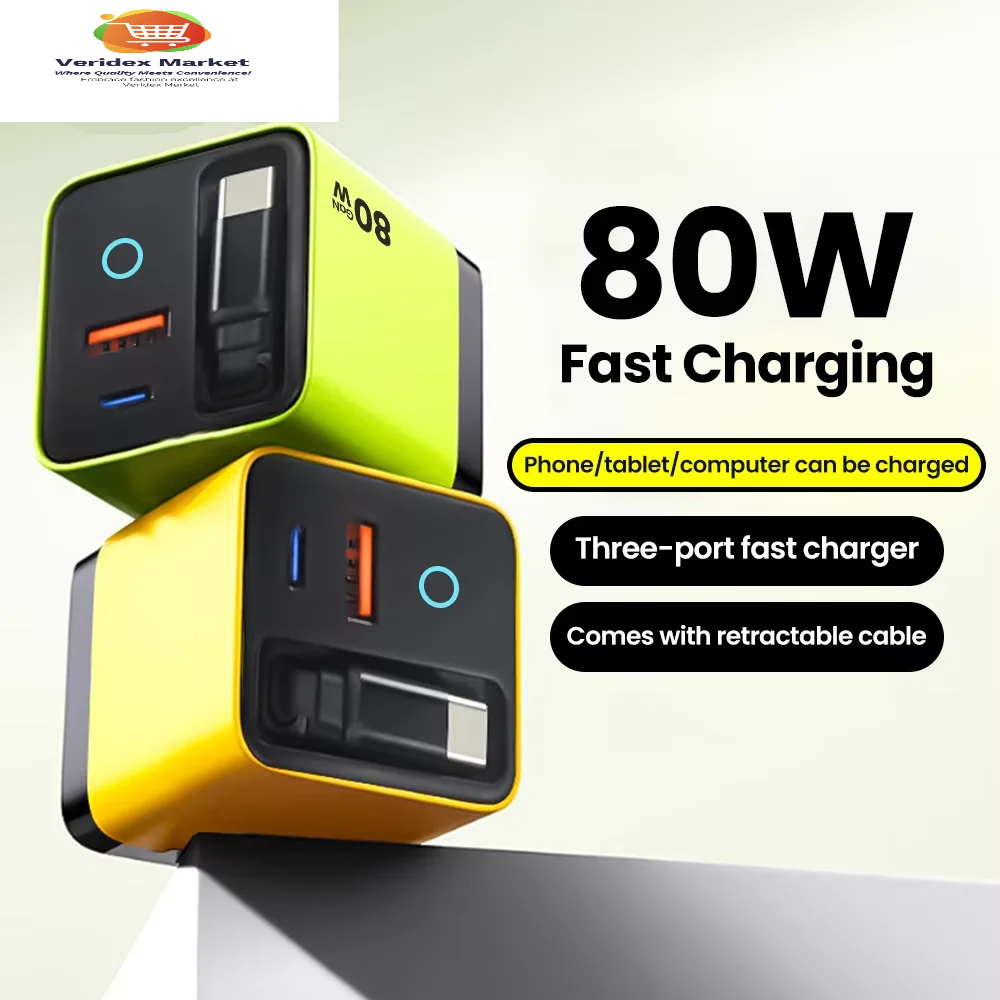 VeridexMarket 80W Super Fast Type-C USB Charger with Telescopic Cable – Quick Charge Wall Adapter for iPhone 16/15, Samsung & Laptop