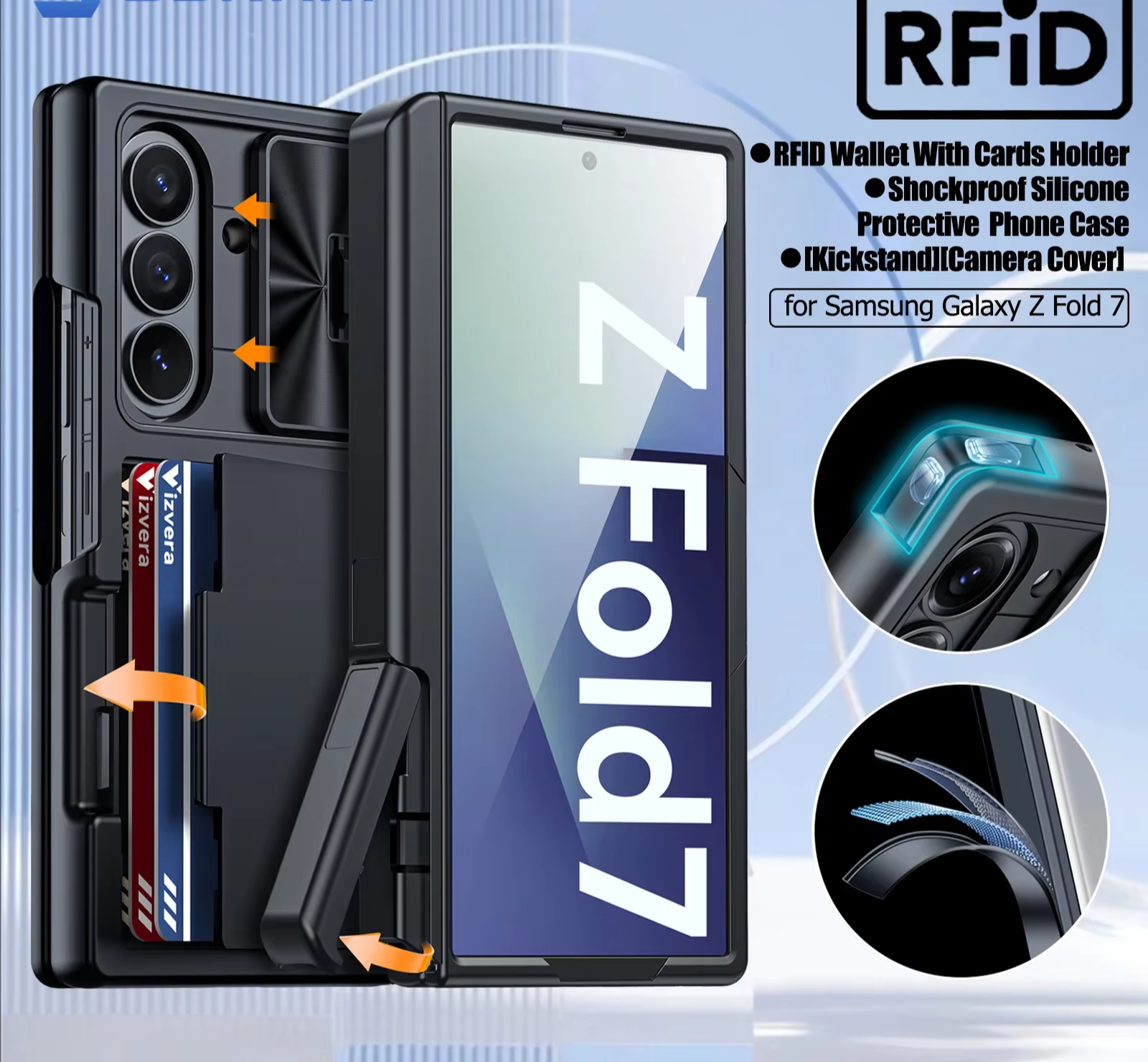 VeridexMarket Samsung Galaxy Z Fold 7 Wallet Case – Shockproof Silicone, RFID Card Holder, Hidden Kickstand & Camera Cover – Black