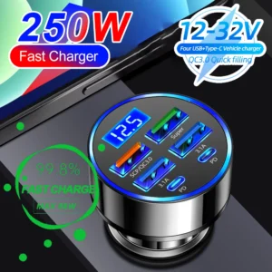 VeridexMarket 250W PD & QC3.0 6-Port Fast Car Charger with Digital Display 1